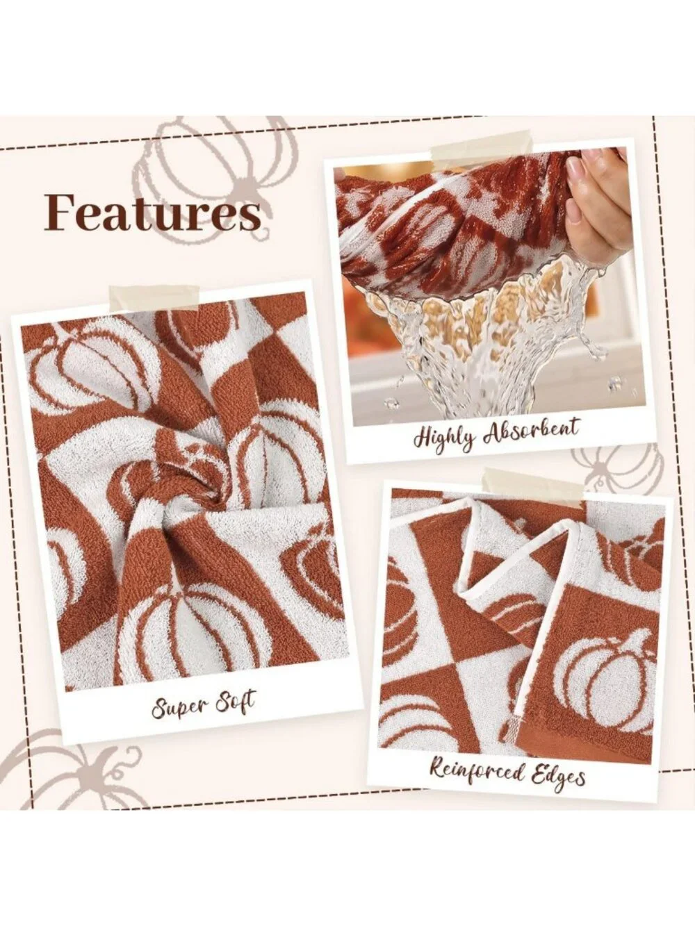 Cozy Fall Bath Towels Set of 2, Checkered & Pumpkin Design, Soft Cotton 27.5